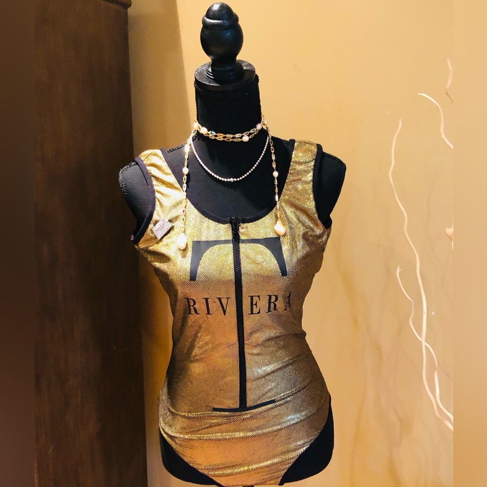 BRAND NEW TAMMY RIVERA SIGNATURE GOLD METALLIC WITH BLACK ONE PIECE SWIMSUIT